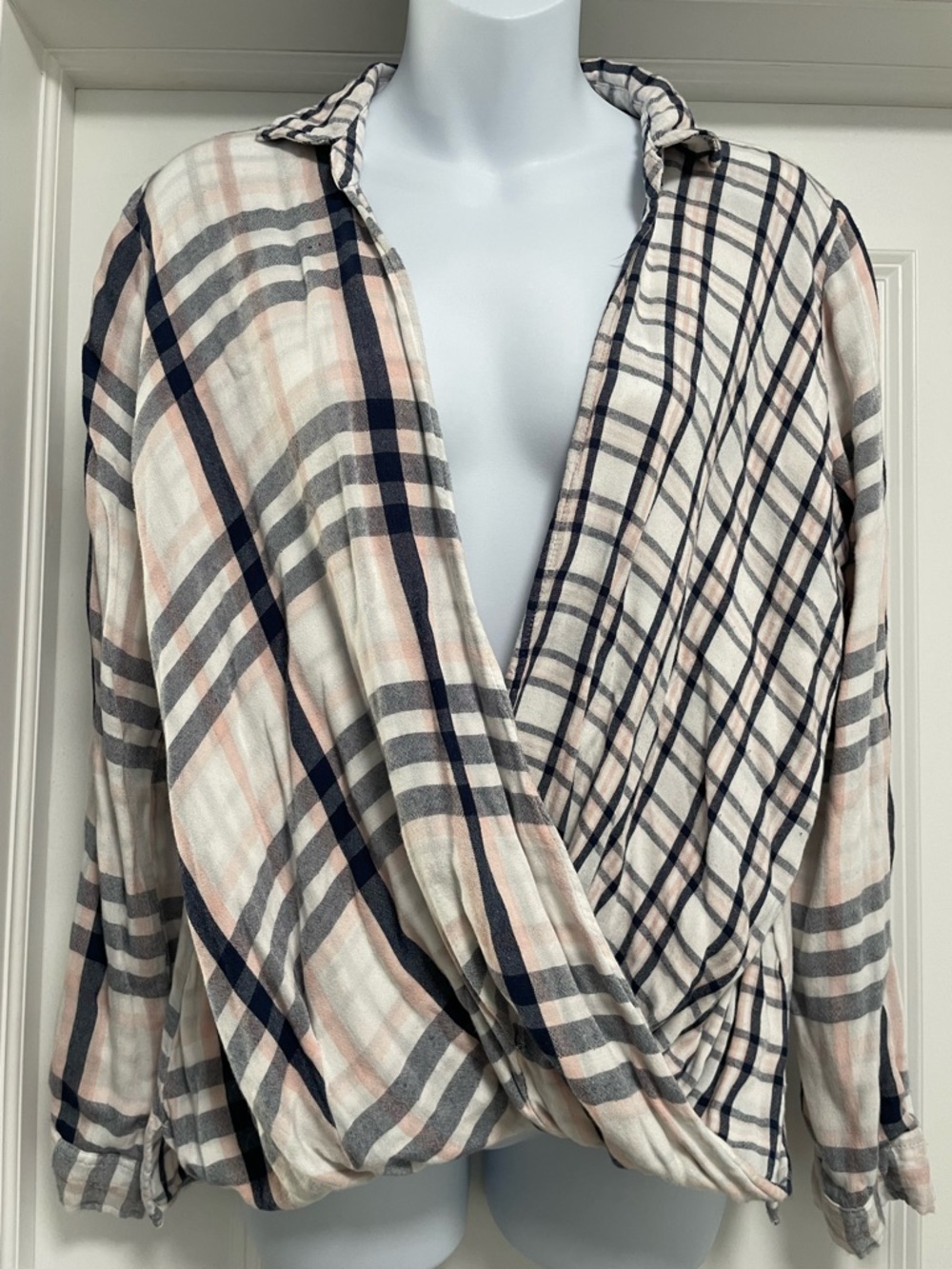 krazy kat Plaid Wrap-Front Button Down in Cream, Navy & Blush